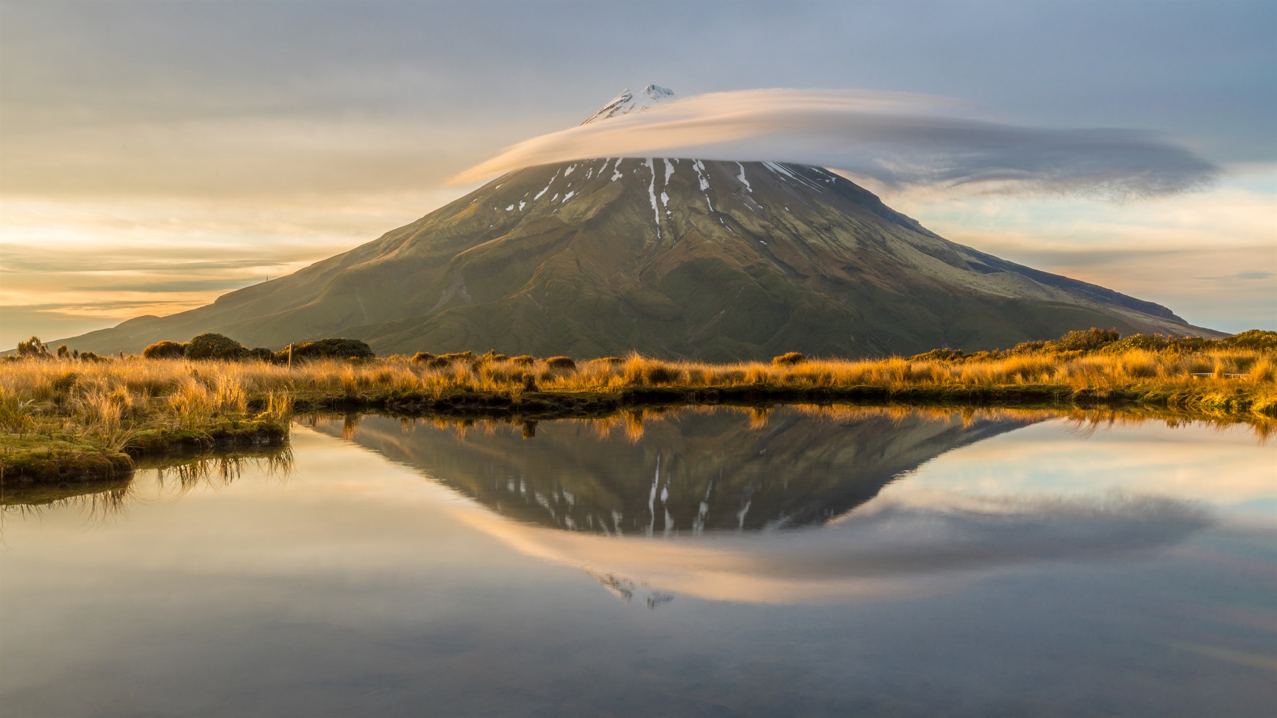 Mount Taranaki Golden Sunrise Reflection